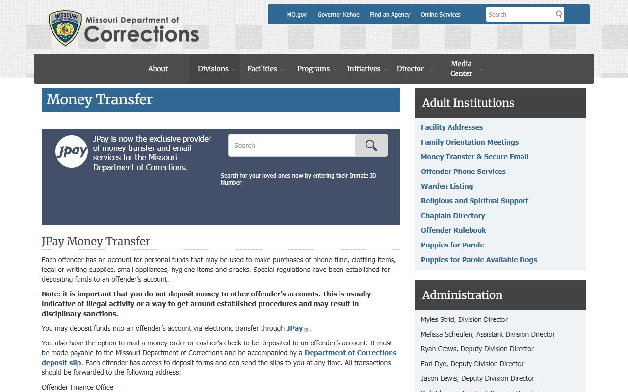 Missouri DOC JPay money transfer information for Tipton Correctional Center inmates