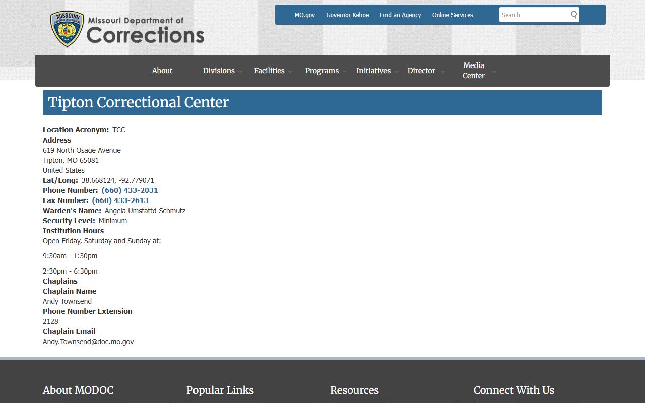 Tipton Correctional Center inmate lookup facility page from Missouri DOC